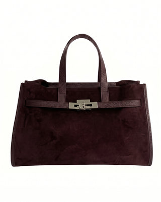 Camberra Tote Bag — Suede Burgundy worn | Michele Lopriore