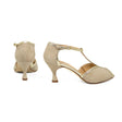 Gemma T Lace Pump — Beige Suede back view | Michele Lopriore